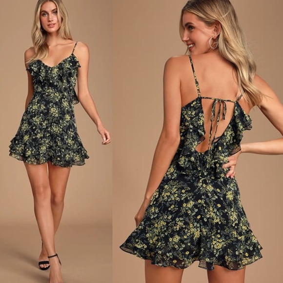 Lulus Romantic Floral Print Ruffled Backless Skater Dress Black Women's Small - Picture 1 of 8